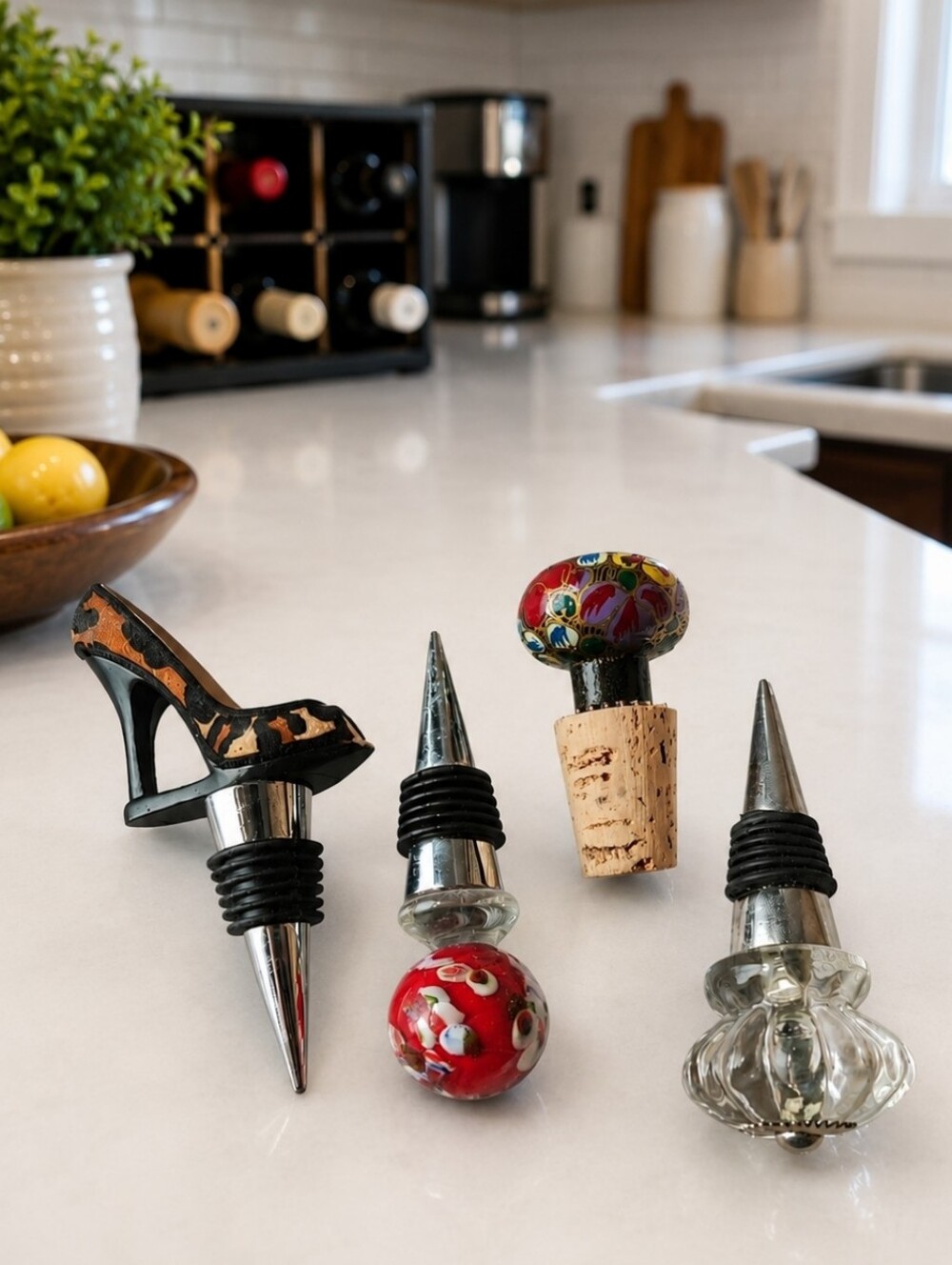 Set of 4 Four Mismatched Wine Bottle Cork Stoppers Glass Ceramic Leopard